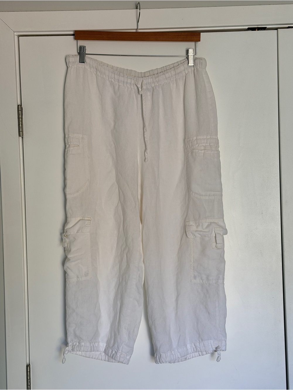 Flax White Cargo Linen Pants - Relaxed Drawstring Waist
